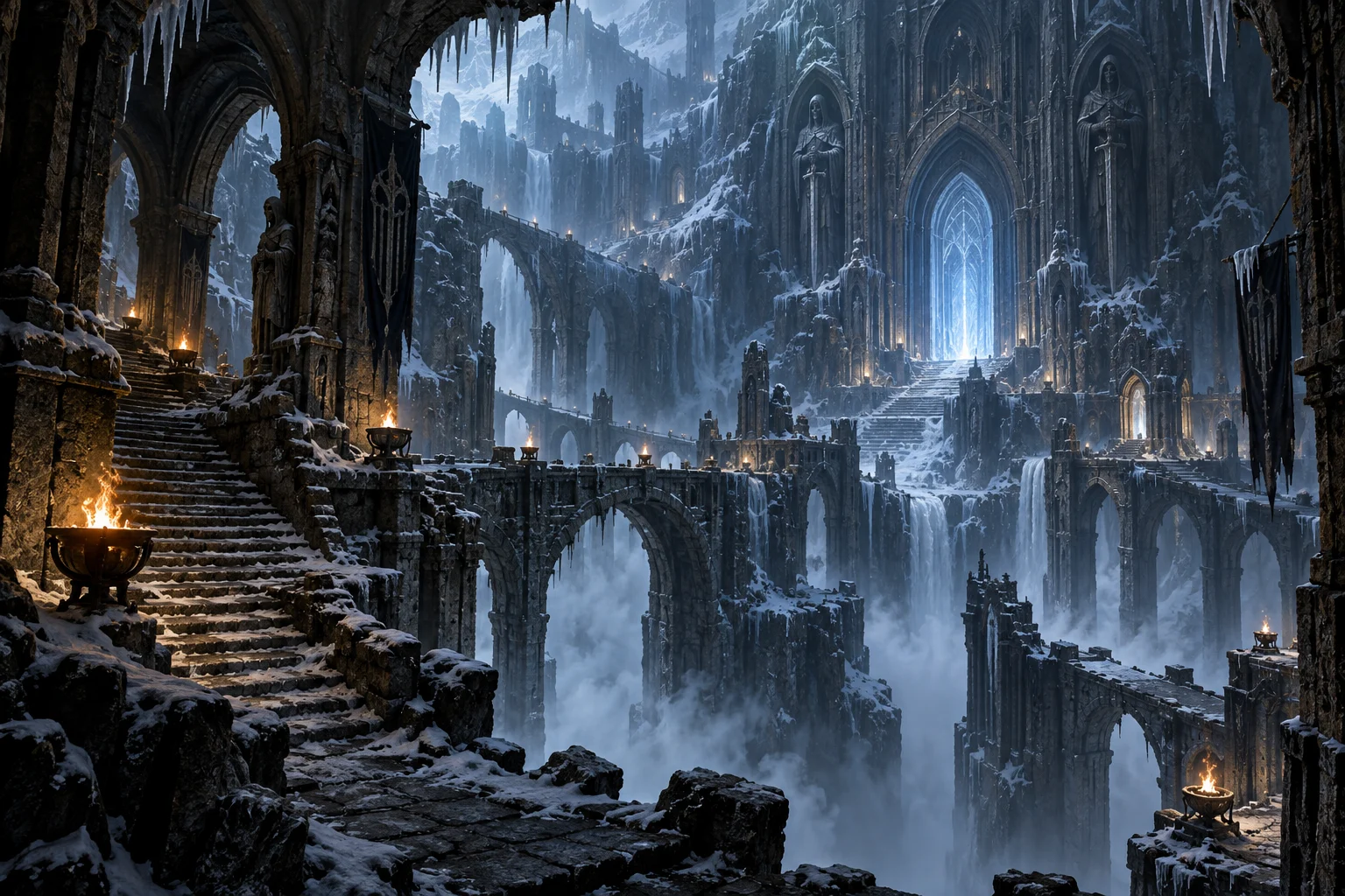 Arte conceitual exclusiva de uma necrópole glacial com pontes e ruínas monumentais