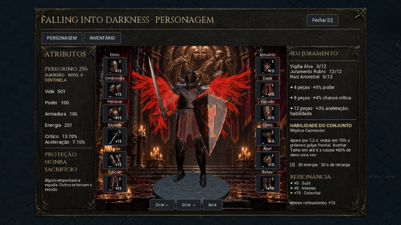 Armaria da Alpha 2.0.2 — Juramento Rubro em perfil de teste.