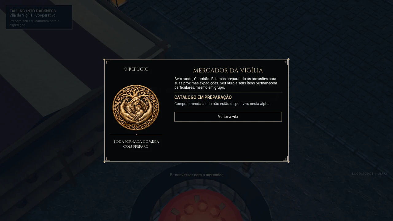 Mercador — catálogo ainda em preparação, como indicado no jogo.
